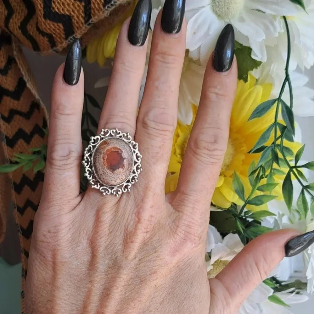 Fire Opal Matrix Large Solitaire Ring In 925 Sterling Silver.